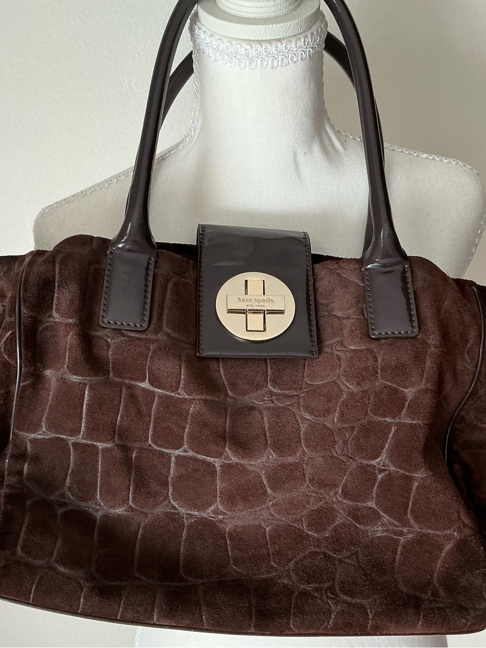 kate spade Brown Suede Croc-Embossed Shoulder Bag with Patent Trim